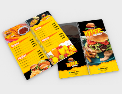 Cardápio Espiral com 14 Páginas em PVC 0,5mm Fosco Frente e Verso 13,7x29,4cm - 4x4 - 50 unid