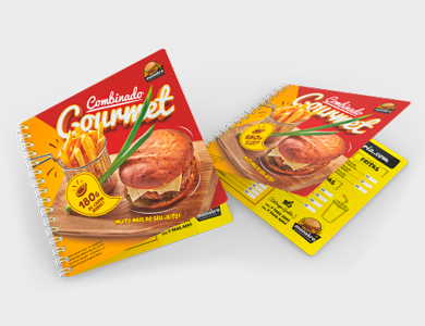 Cardápio Wire-o com 12 Páginas em PVC 0,3mm Verniz Total Frente e Verso 14,4x14,4cm - 4x4 - 25 unid